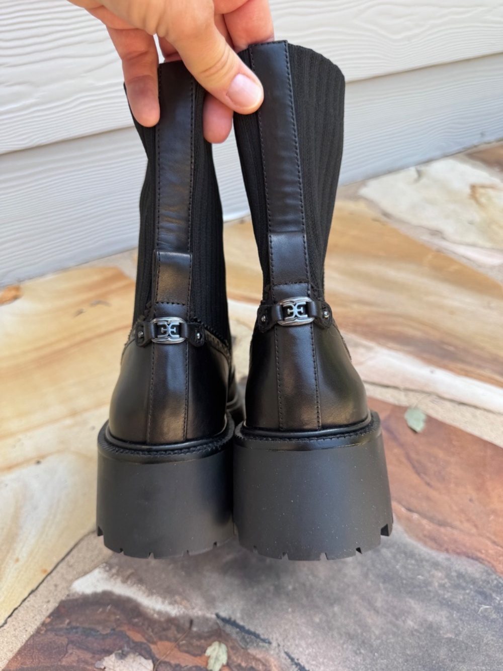 Sam Edelman Elly Black Leather Lug-Sole Sock Boots Size 8.5 - Picture 9 of 12